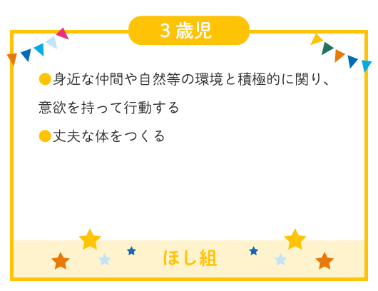 身近な仲間や自然等の環境と積極的に関り、意欲を持って行動する ●丈夫な体をつくる